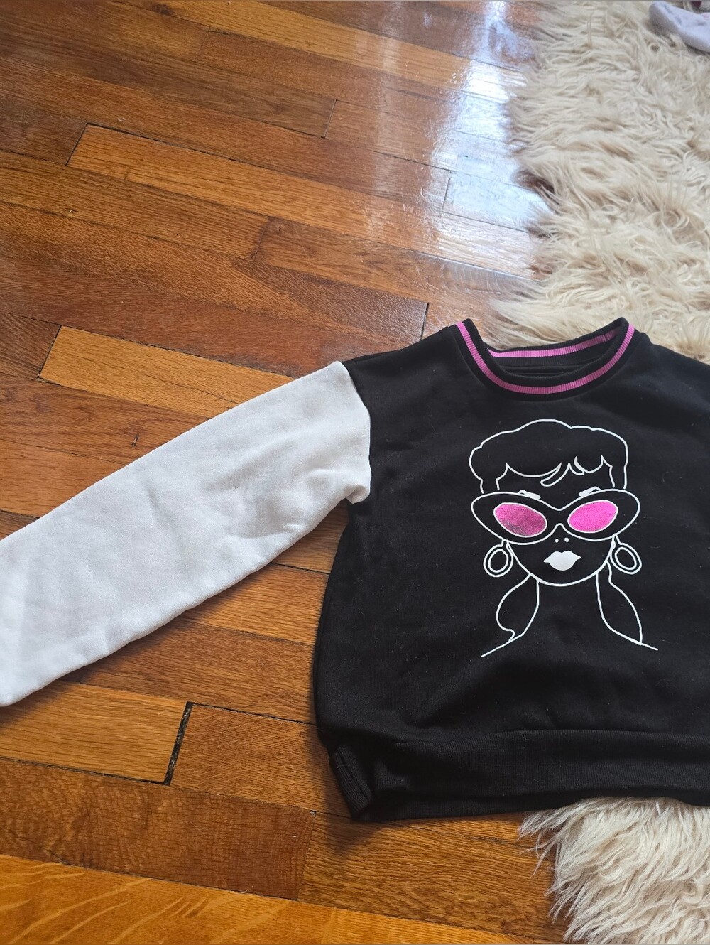 Mattel Black Crewneck Sweatshirt with White Sleeves & Pink Accents